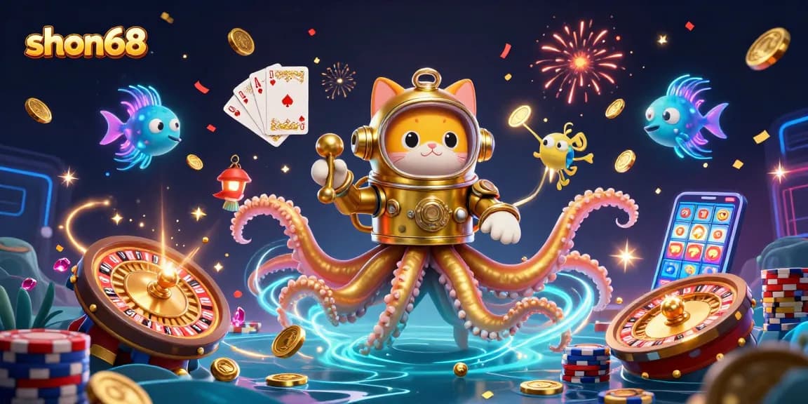Spin the reels with shon68's thrilling 3D kraken and diving cat casino scene, featuring vibrant game elements.