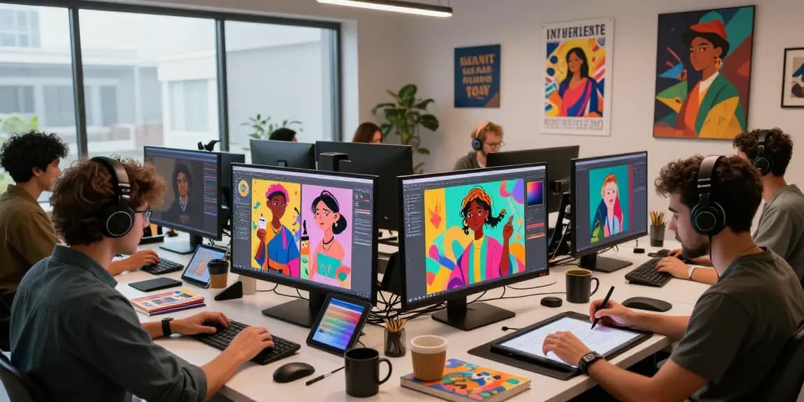 Collaborative NSFW AI character design studio with artists creating vibrant digital art.