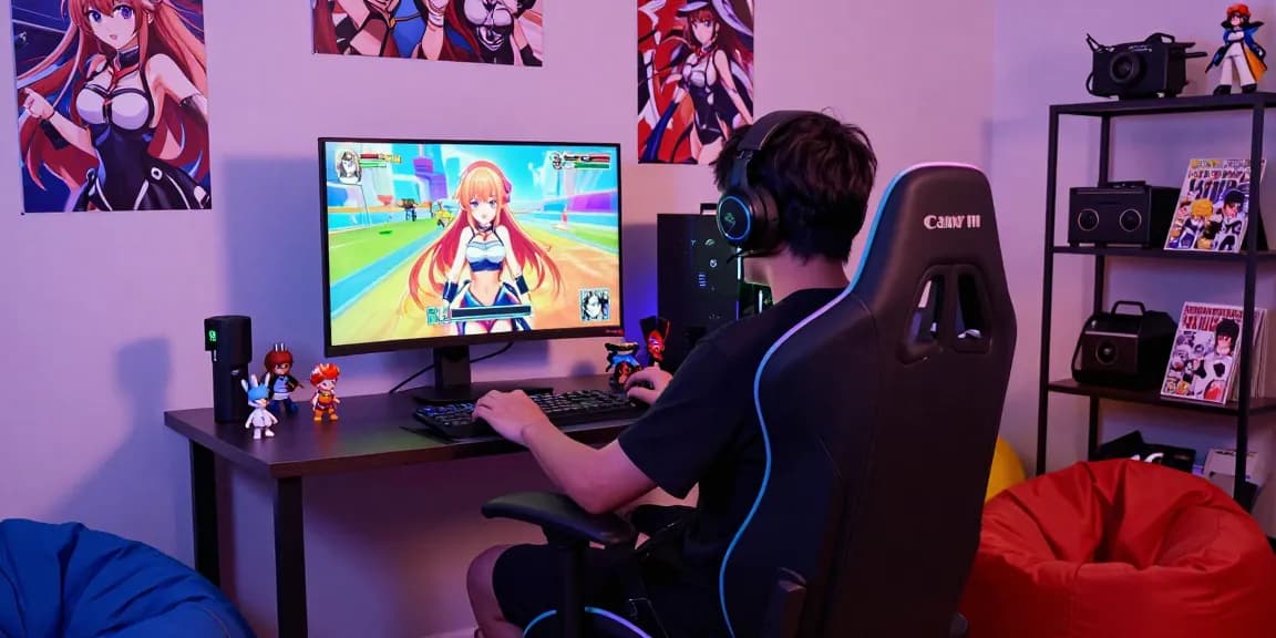 Engaged gamer playing ecchi games in a vibrant gaming setup with anime decor.