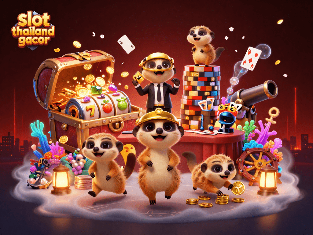 Engage with slot thailand gacor in a vibrant casino scene featuring animated meerkats and a wealth of gaming elements.
