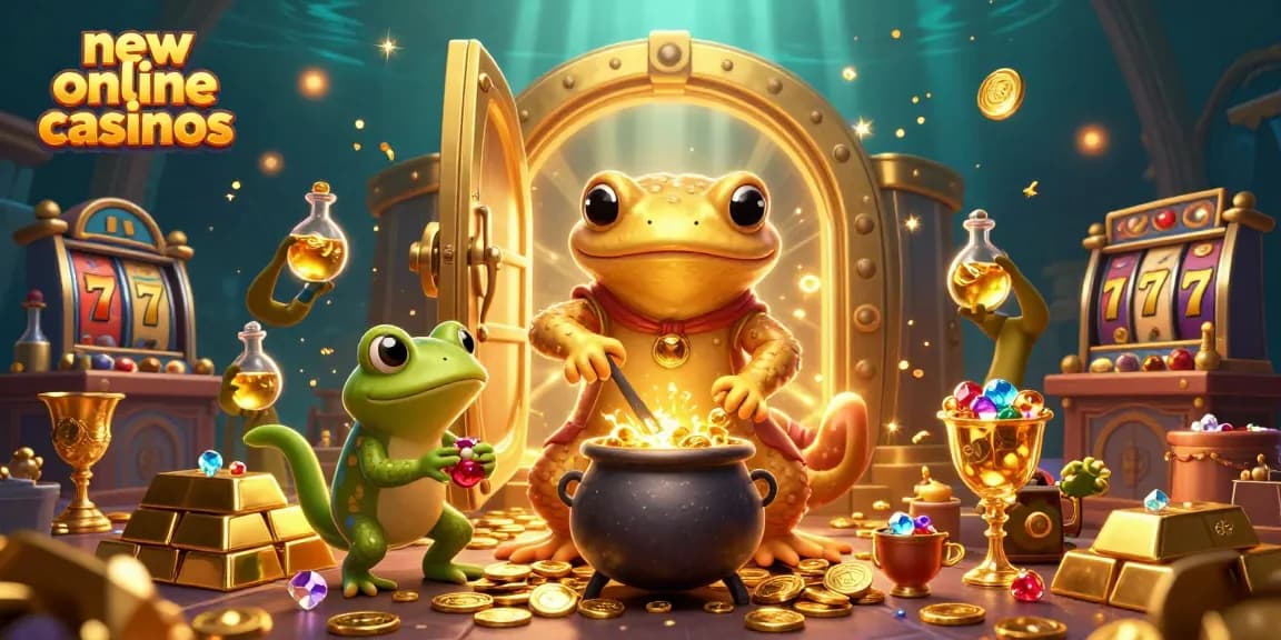 Win real rewards at new online casinos with a 3D illustration of a golden alchemist and treasures.