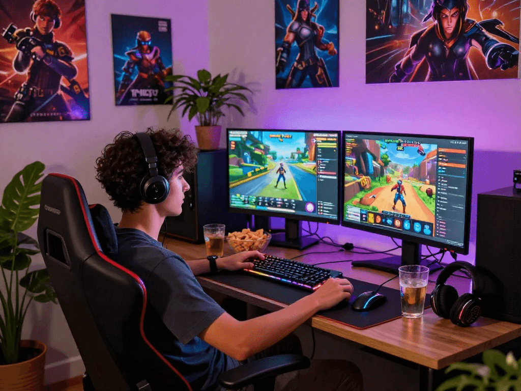 Immersive gaming atmosphere showcasing an adult game setup with vibrant screens and equipment.