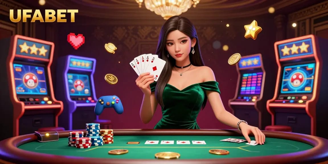 Bet on UFABET with a beautiful Asian woman at an elegant poker table, surrounded by vibrant gaming elements.