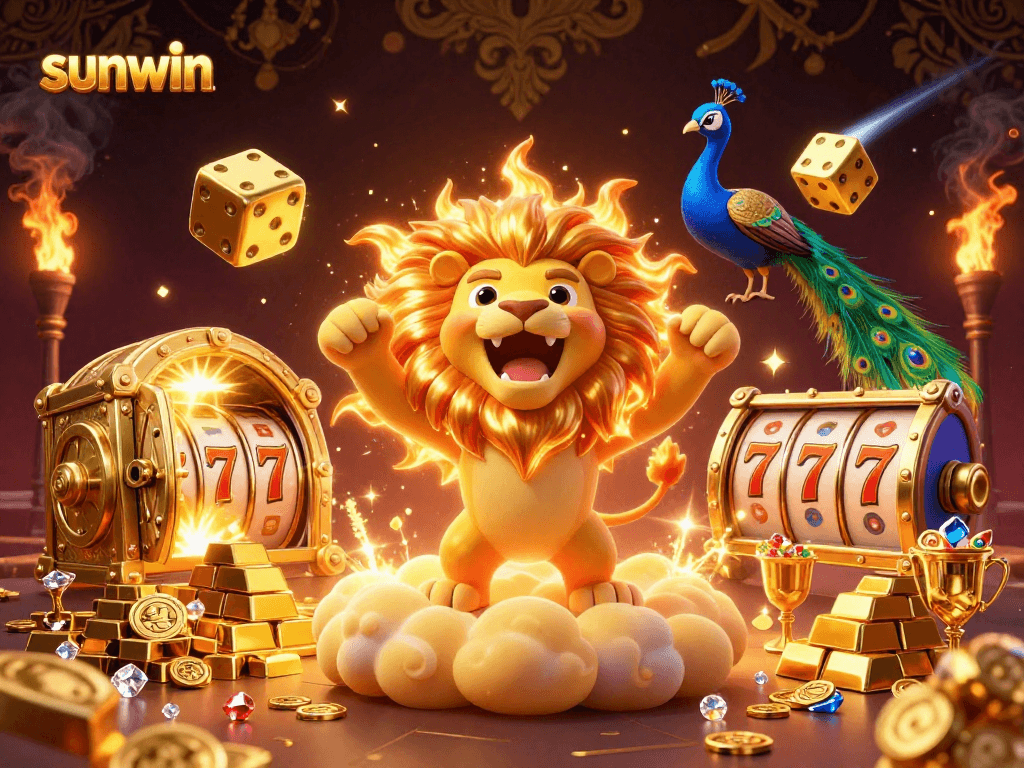 Experience the thrill of sunwin slots with a roaring sun lion and dazzling casino elements.