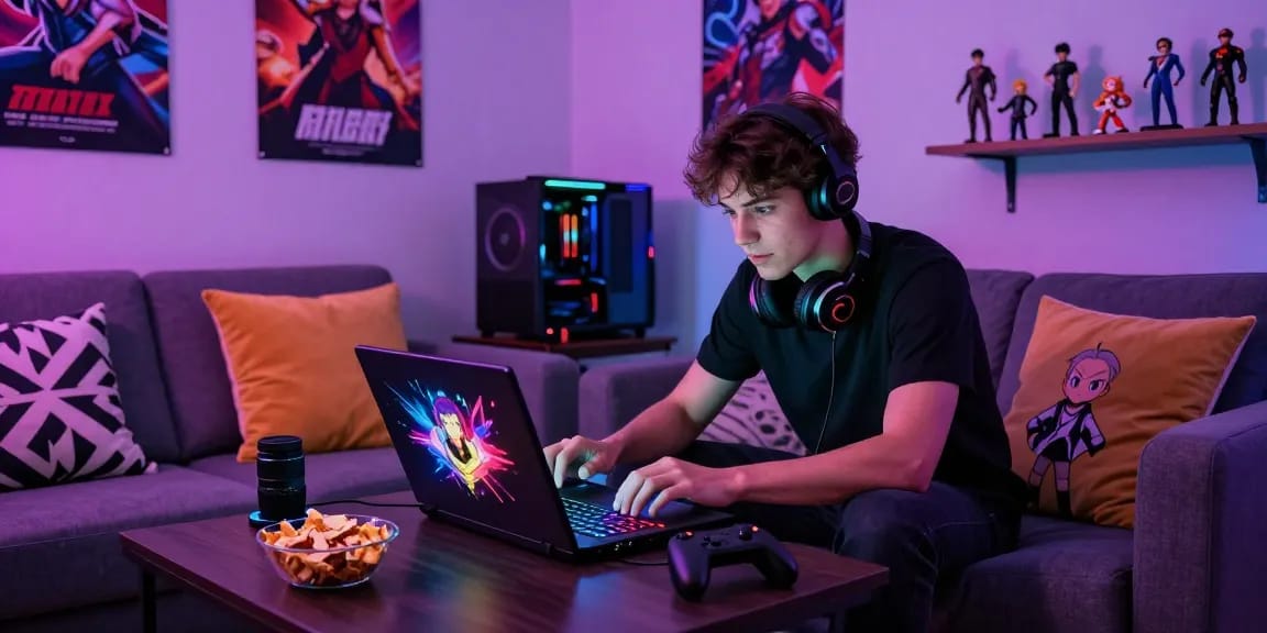 Gamer enjoying a hentai game on a laptop in a cozy gaming setup with colorful lighting and snacks.