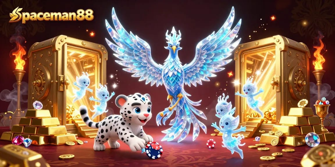 Experience the thrill of spaceman88 as an ice phoenix illuminates a vibrant casino scene.