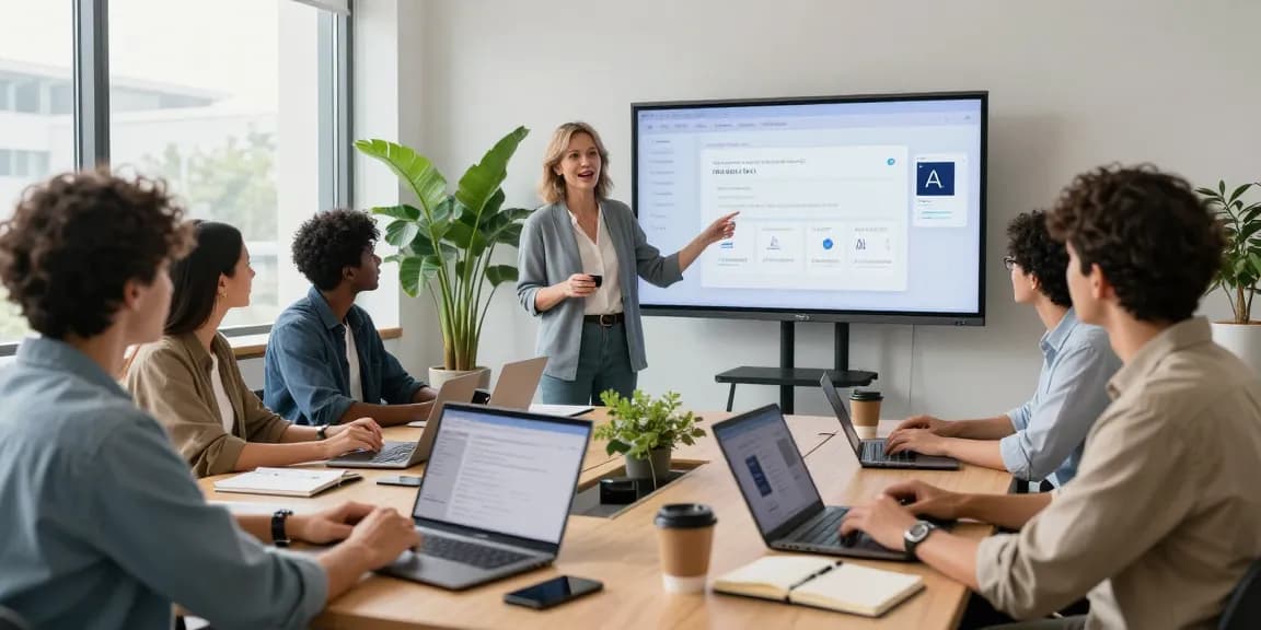 Collaborative office scene showcasing professionals utilizing AI productivity tools in a modern workspace.