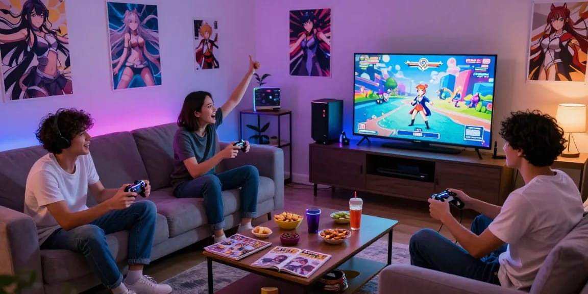 Players enjoying an ecchi game together in a vibrant living room setting with colorful lights.