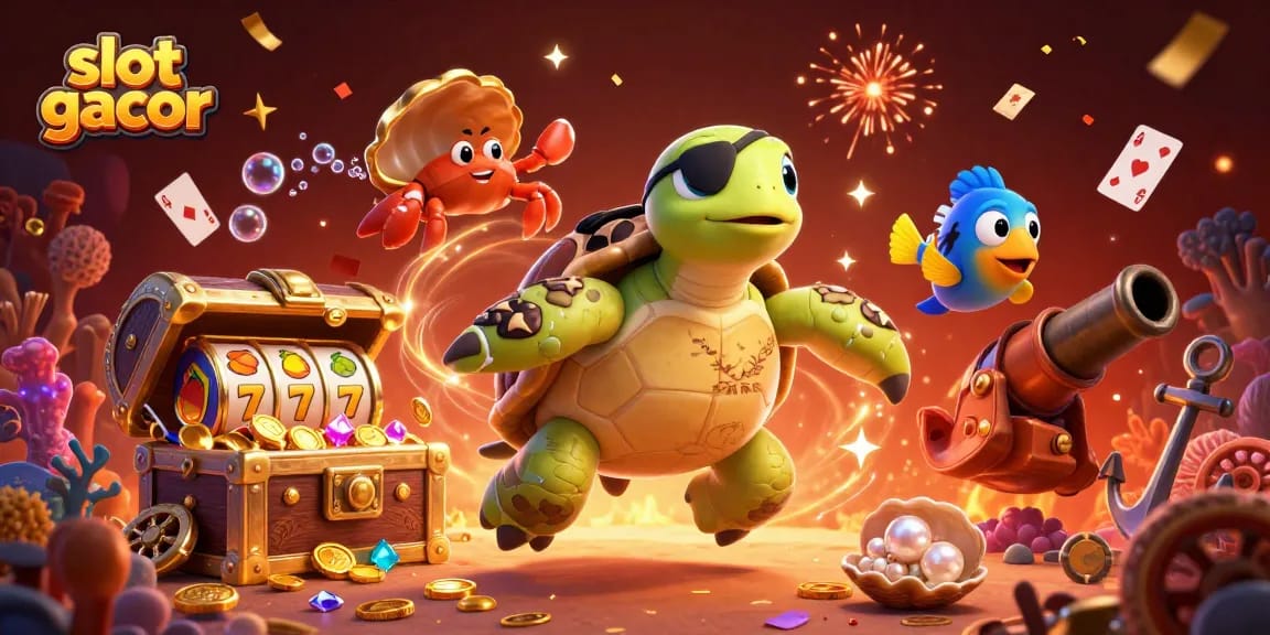 Spin the reels of slot gacor with vibrant underwater characters celebrating above treasure.