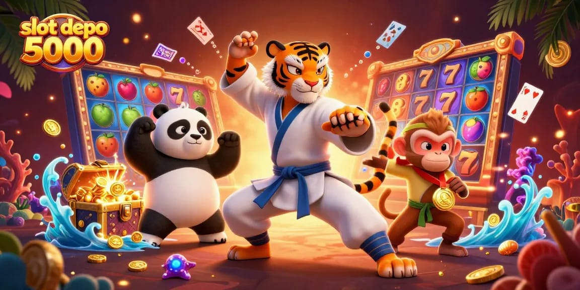Celebrate wins at slot depo 5000 with vibrant characters amidst slot reels and treasure.