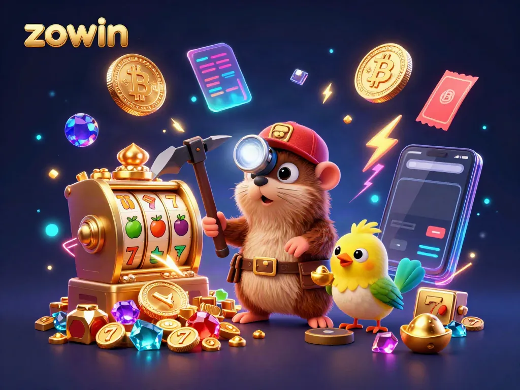 Zowin casino treasures await with a treasure hunter mole exploring a vibrant jackpot cave.