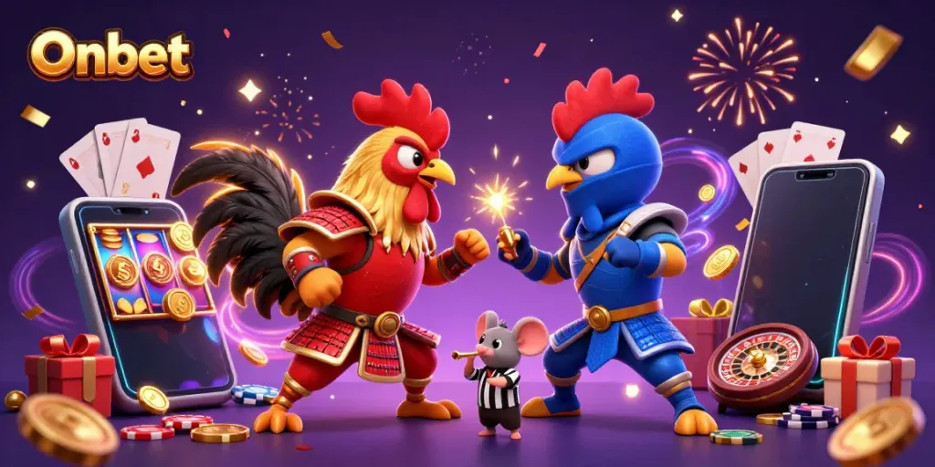 Onbet showcases roosters in combat surrounded by slot games and exciting casino elements.