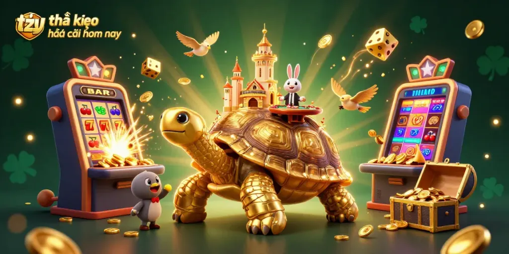 Engage with tỷ lệ kèo nhà cái hôm nay in a vibrant casino scene featuring a golden tortoise and a rabbit dealer.