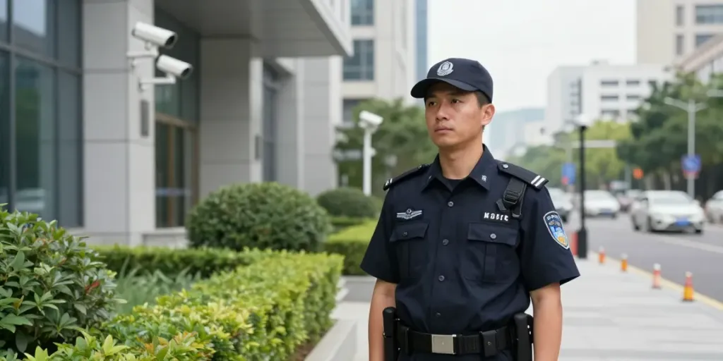 Security Guards providing professional service at a local corporate building, ensuring safety and security.