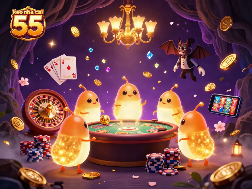 Cheerful glowworms illuminate a cave casino for keo nha cai 55, with coins and gems flying around.
