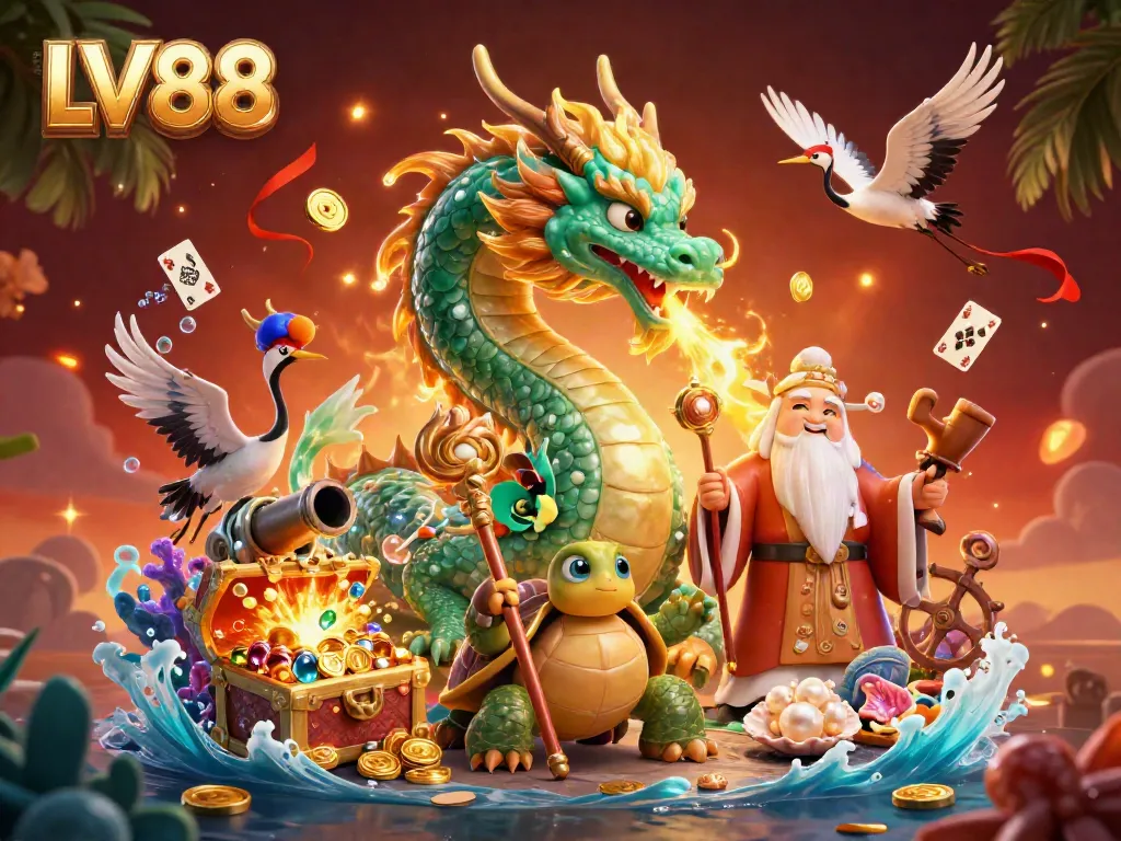 Experience epic gaming at LV88 with a jade dragon and vibrant casino elements in a dynamic 3D scene.