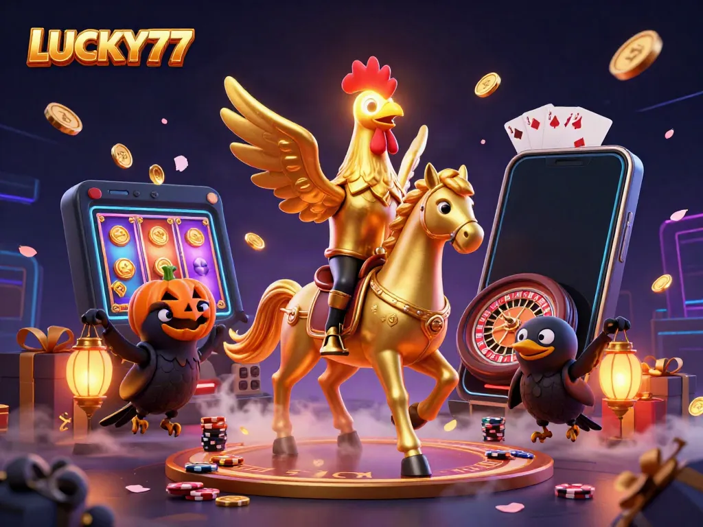 Engage in the thrilling LUCKY77 casino experience with captivating characters in a vibrant atmosphere.