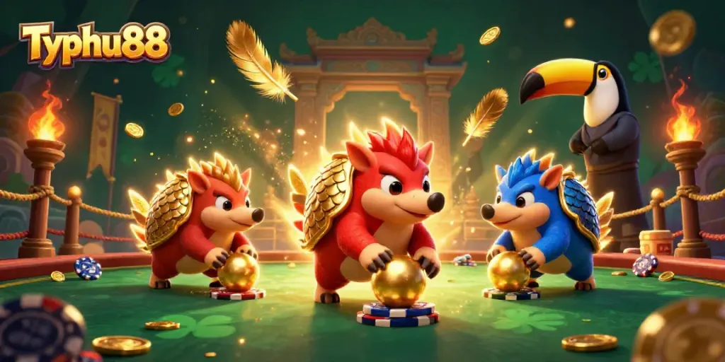 Watch Typhu88 pangolins compete in a vibrant gaming scene filled with poker chips and golden scales.