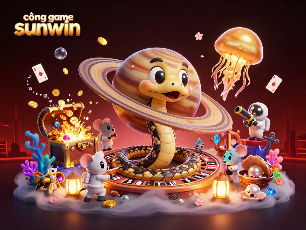 Bet on cổng game sunwin with playful astronauts at a cosmic roulette wheel amidst glittering treasures.
