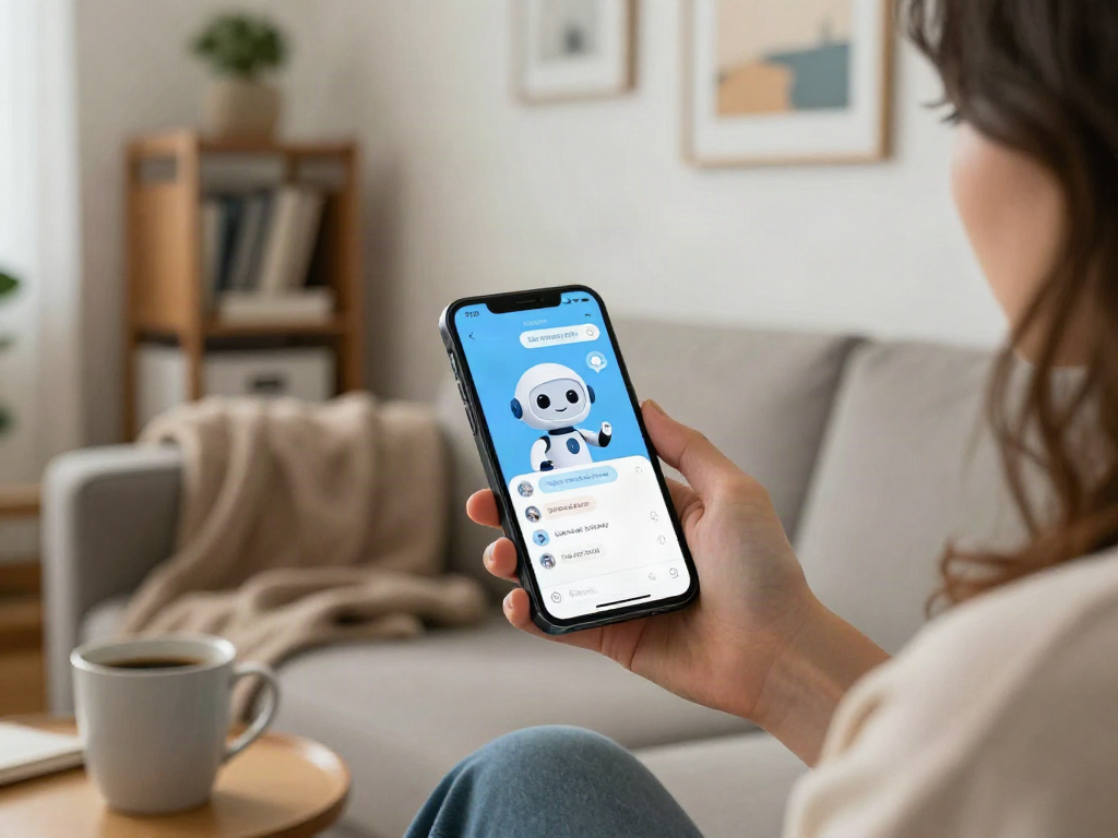 Engaging in AI sex chat on smartphone in cozy living room setting