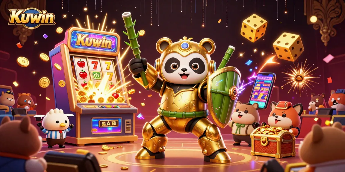 Kuwin slot machine illustration featuring a panda robot amidst a jackpot explosion, showcasing vibrant casino elements.