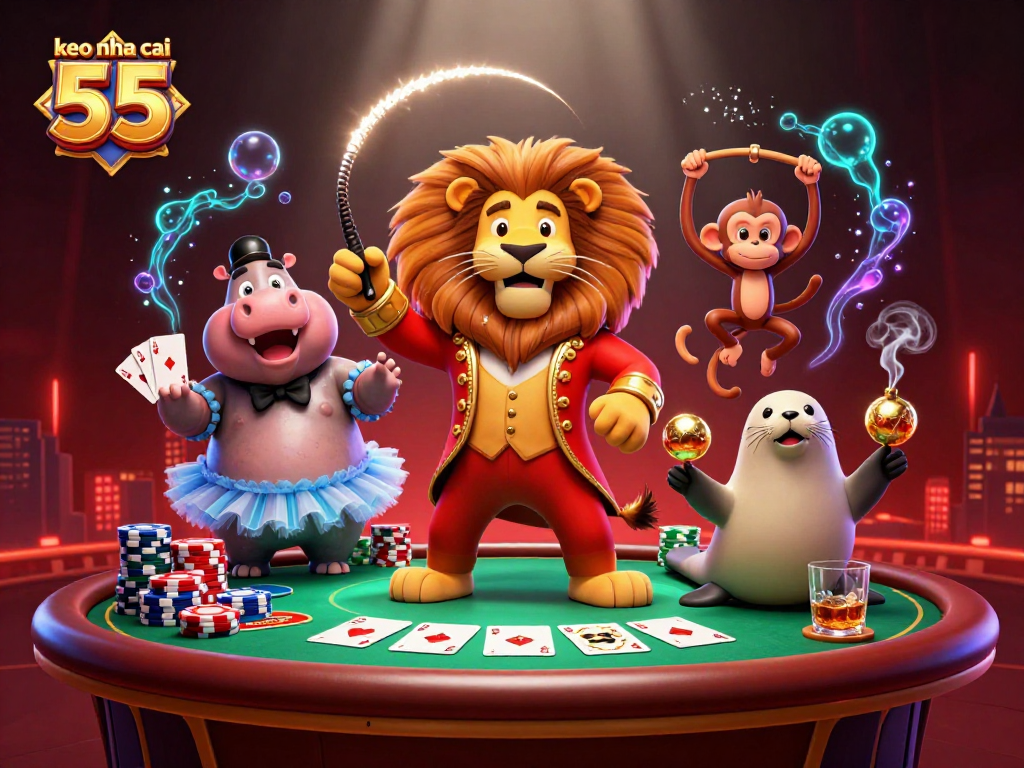 Bet on keo nha cai 55 with animated circus characters and vibrant casino elements in a colorful 3D scene.
