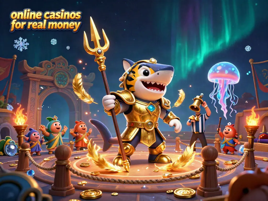 Experience thrilling underwater action with a tiger shark in gladiator armor, ideal for online casinos for real money enthusiasts.