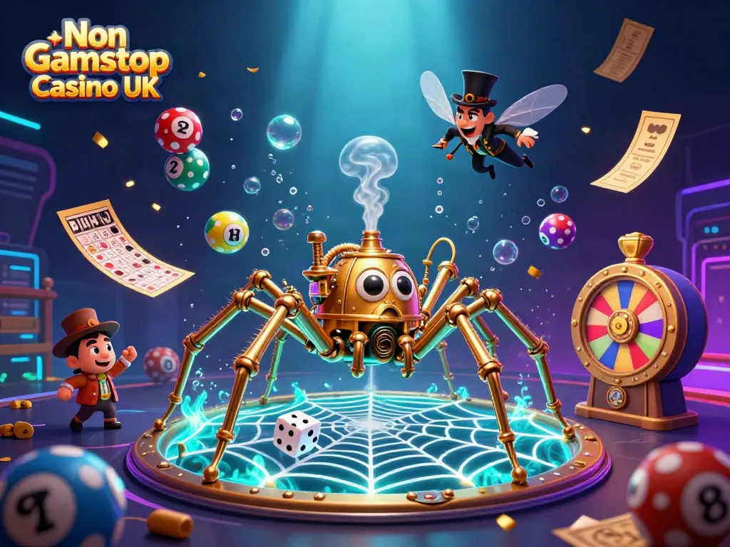 Experience the thrill at Non Gamstop Casino UK with a whimsical scene of a steampunk spider and games.