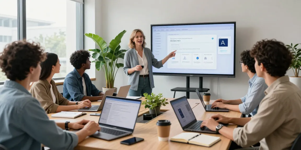 Collaborative office scene showcasing professionals utilizing AI productivity tools in a modern workspace.