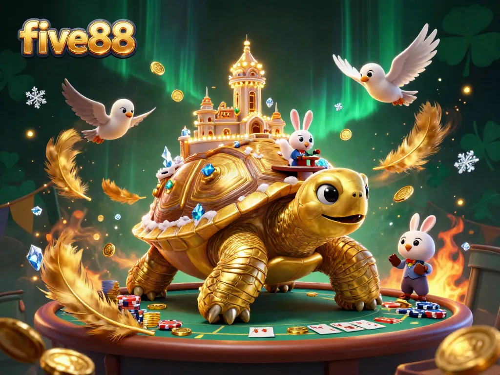 Engage with five88's exciting poker scene featuring a golden tortoise and vivid casino elements.