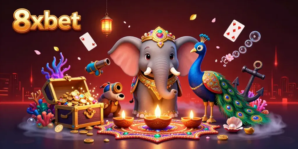 Experience the enchanting world of 8xbet with a vibrant 3D illustration showcasing a Diwali-themed elephant, peacock, and casino elements.