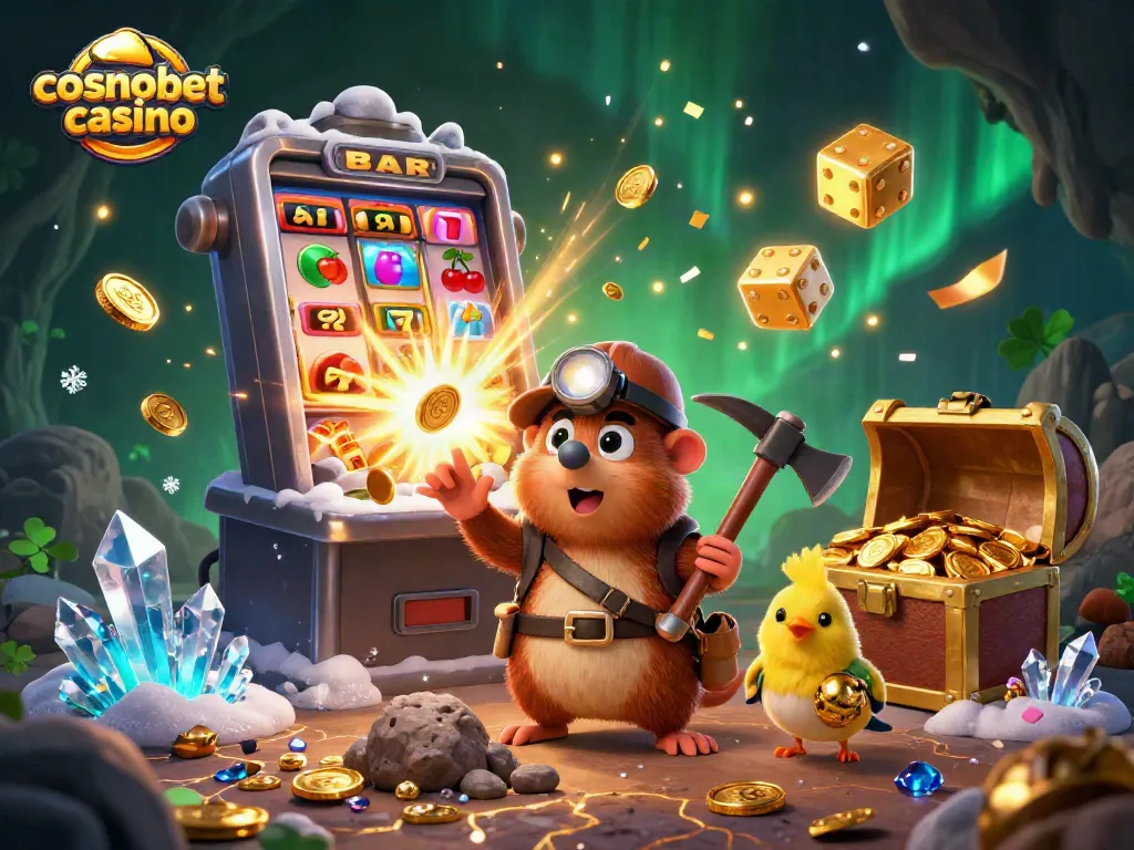 Experience cosmobet casino thrills with cartoon treasure hunter and vibrant game elements.