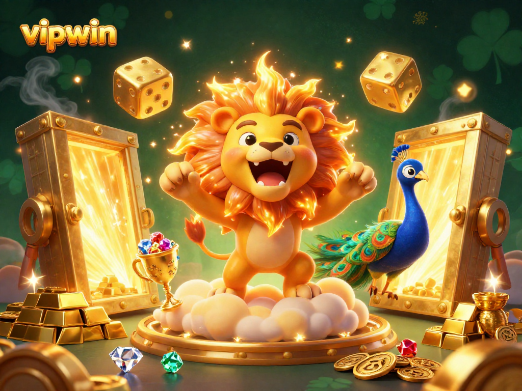 Experience thrilling wins at vipwin with vibrant 3D gaming elements and golden treasures.