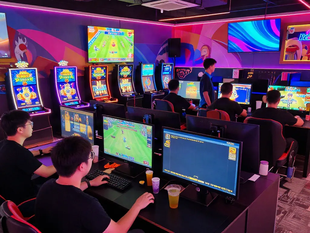 Players enjoying gem88 gaming experience in a vibrant online gaming lounge.