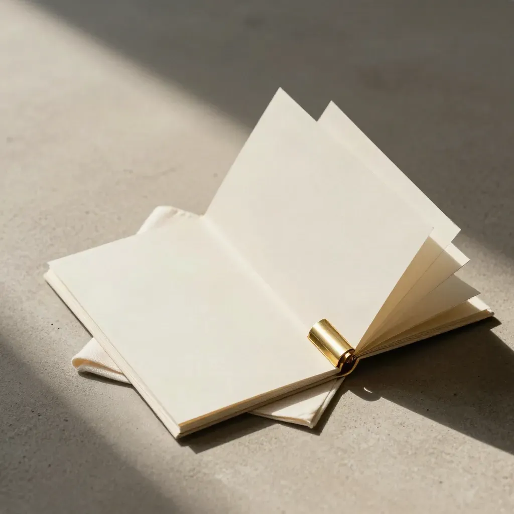Overhead view of a half-open folio with divider cards, brass clasp and folded cloth on pale stone.