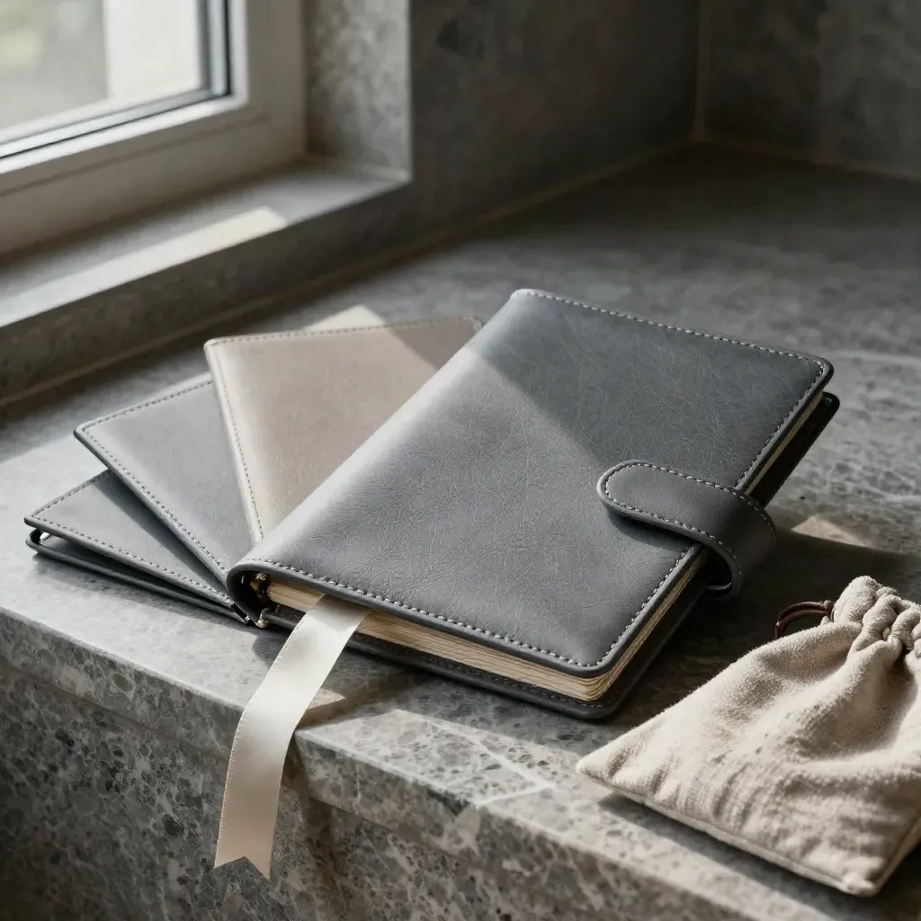 Slate wealth binder with folders, linen pouch and ribbon on limestone with soft window light.