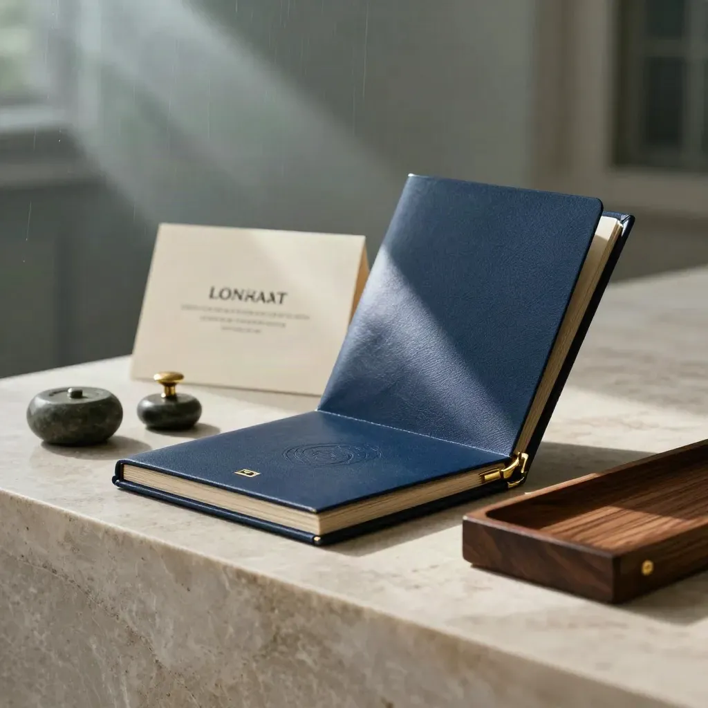 Open navy portfolio folio with brass slipcase on limestone, stone weights and cream cards.