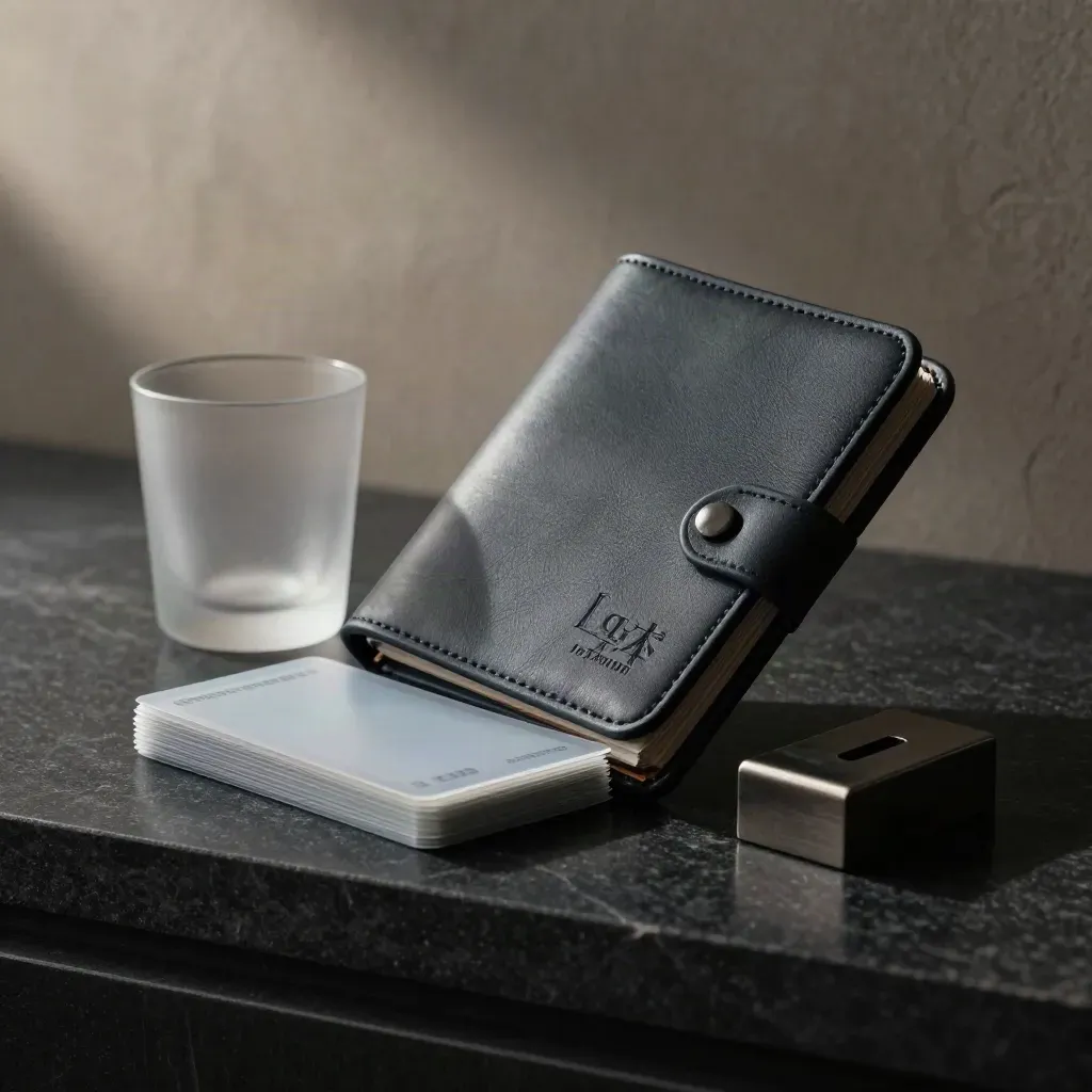 Curved retirement plan case with cards, tumbler and paperweight on a dark studio surface.