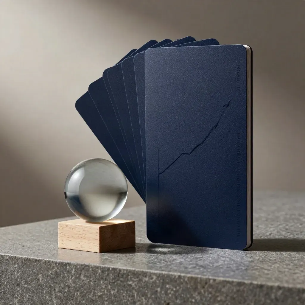 Deep navy portfolio case with blank cards, glass sphere and oak block on stone.