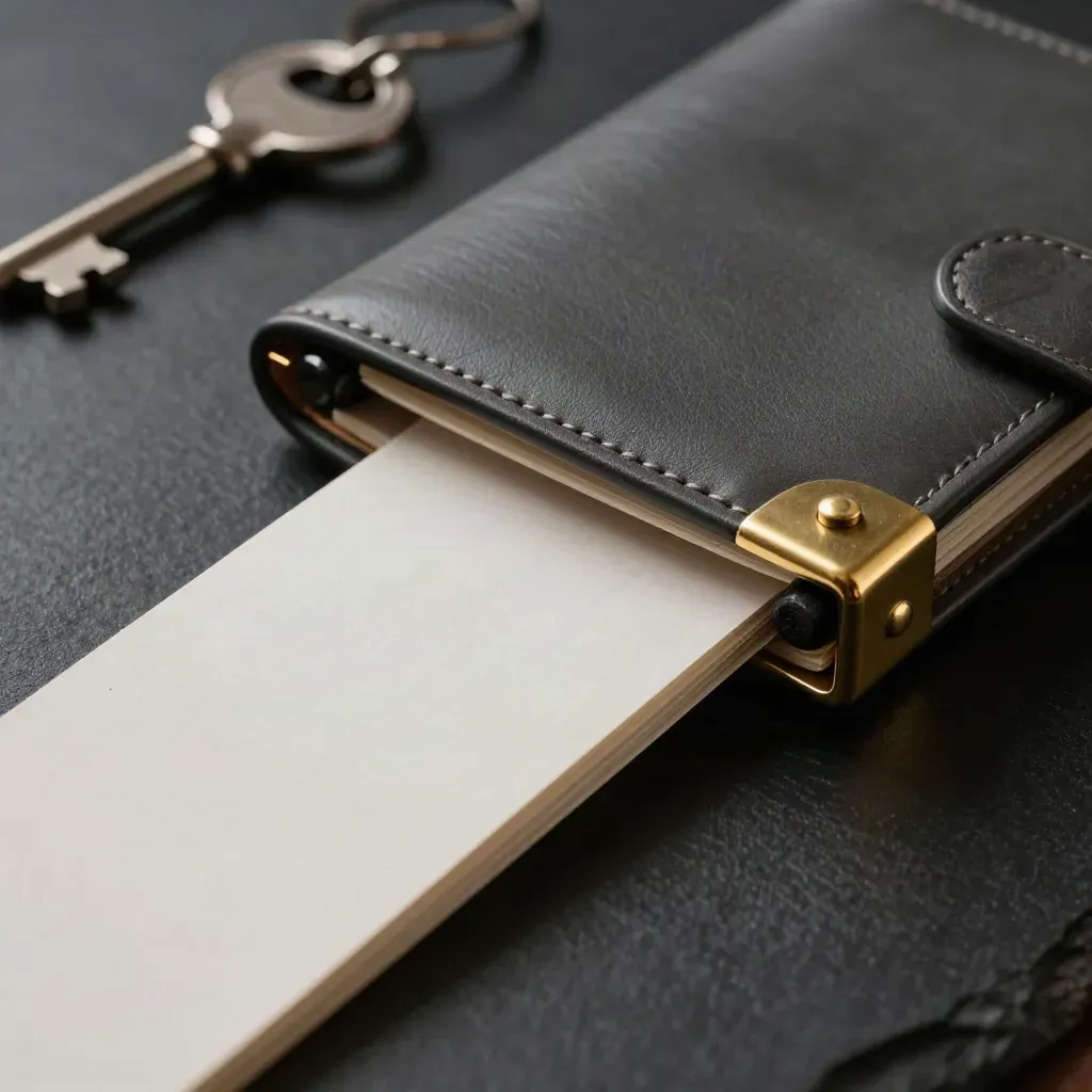 Dark finance folio with brass corner and stone weights, sleeve partly open on a matte-black surface.