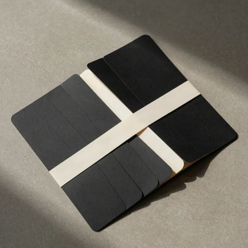 Overhead flatlay of a black report slipcase with blank tabs and gold accent on concrete.