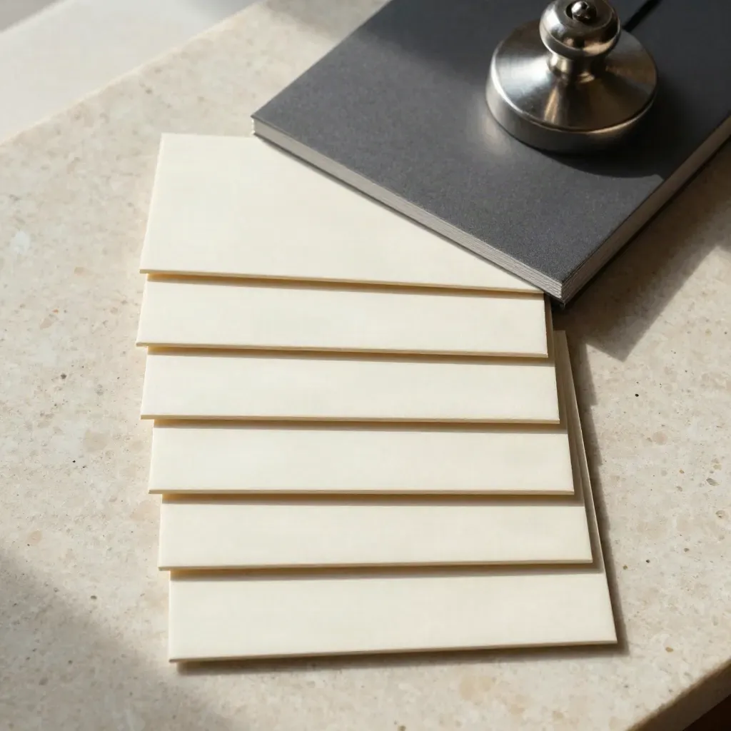 Overhead flatlay of a bond ladder folio with stepped cards and a metal weight.