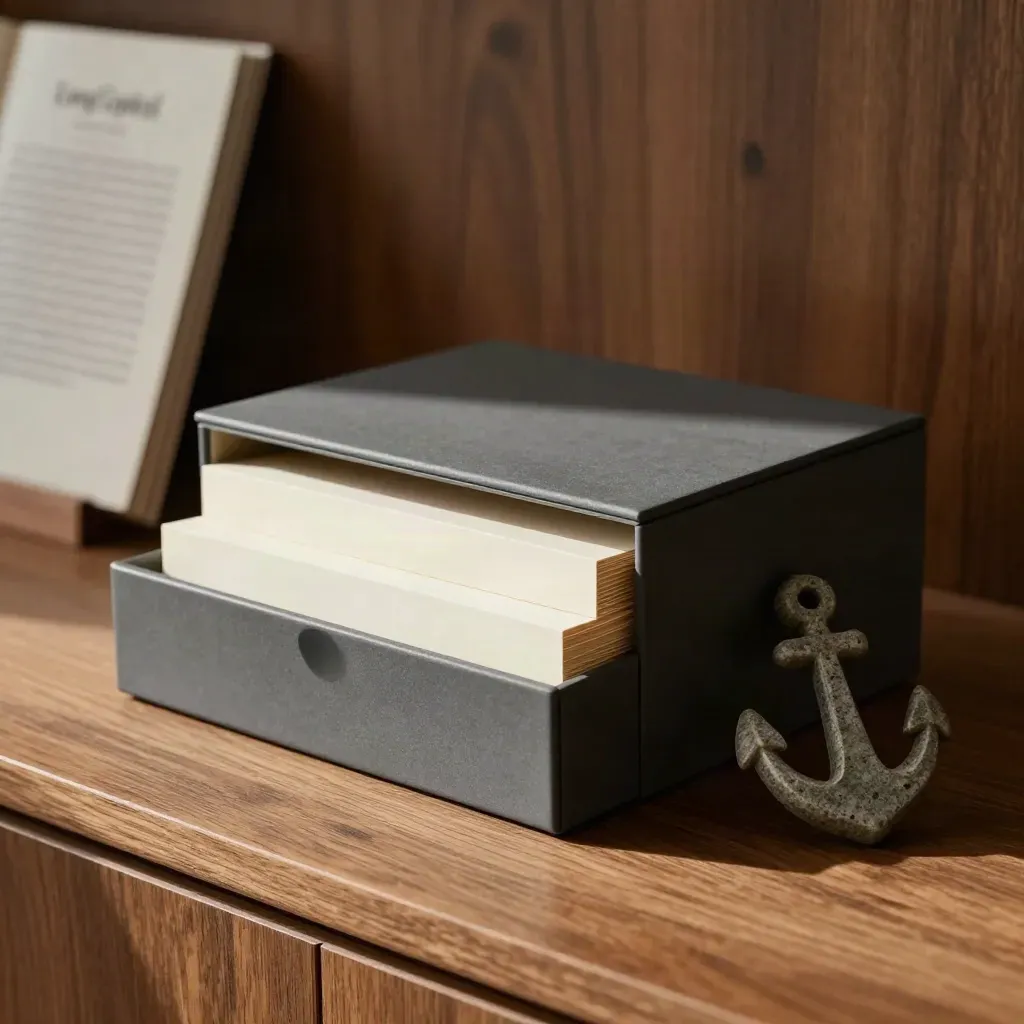 Archive box with inserts and stone anchor on warm oak.