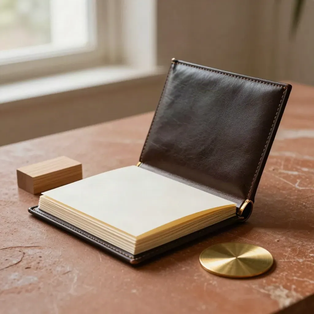 Leather pension folio with oak block and brass disc on warm stone