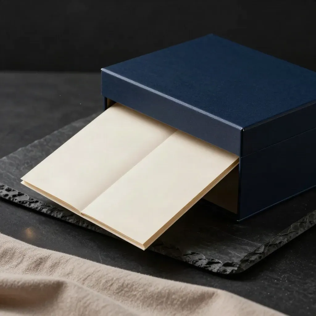 Navy archive box with folded inserts sliding across cloth on a graphite slab in dramatic studio light.
