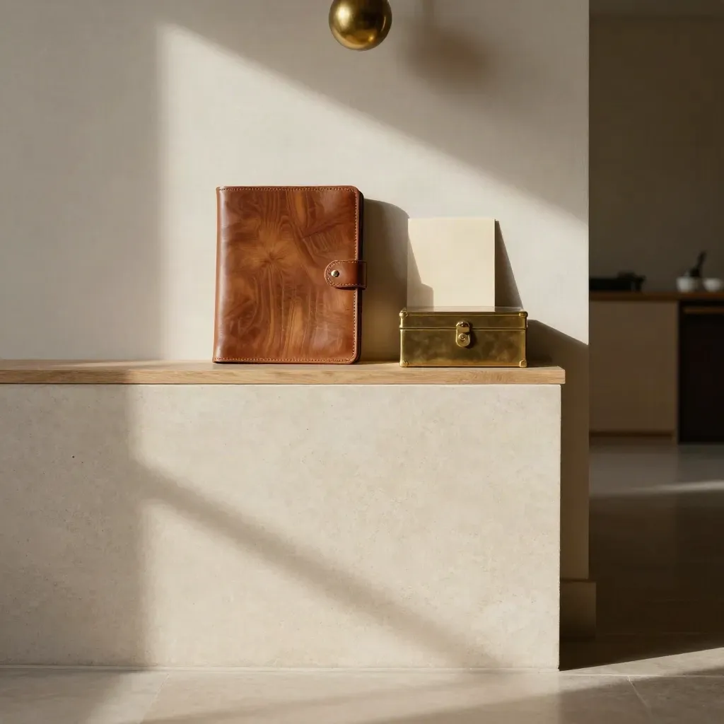 Sunlit limestone corner with leather portfolio folio and brass archival box on a quiet oak ledge.