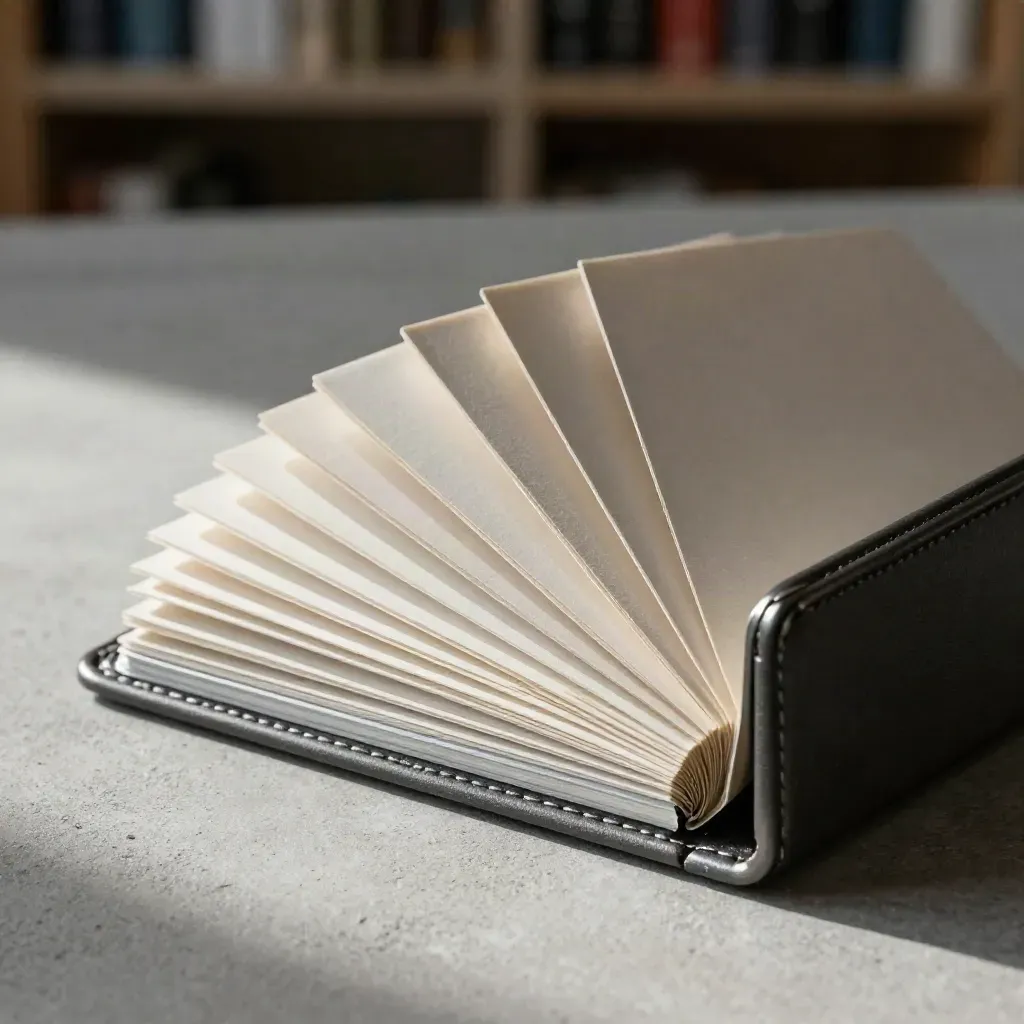 Charcoal equity screen folio with blank tabs and silver edge on pale plaster.