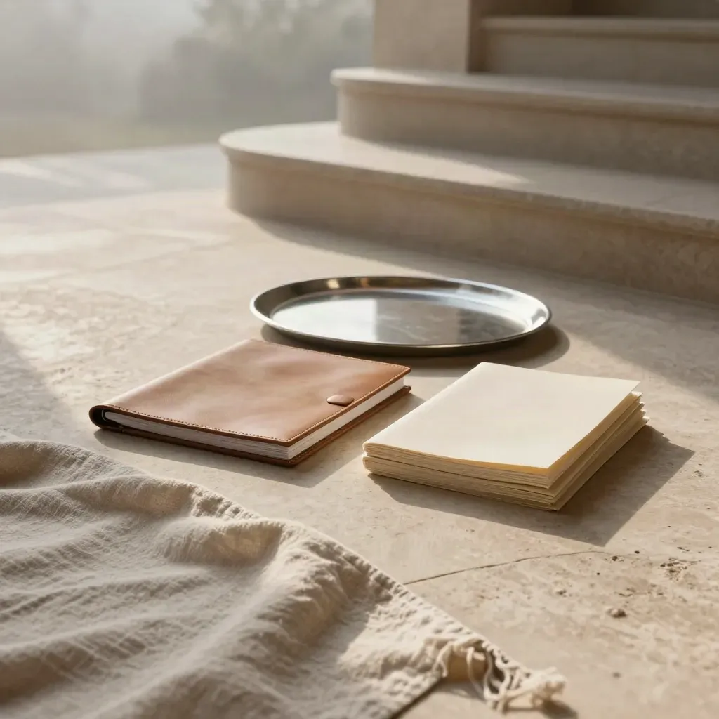 Travertine stair landing with linen runner and leather folios in soft morning light.