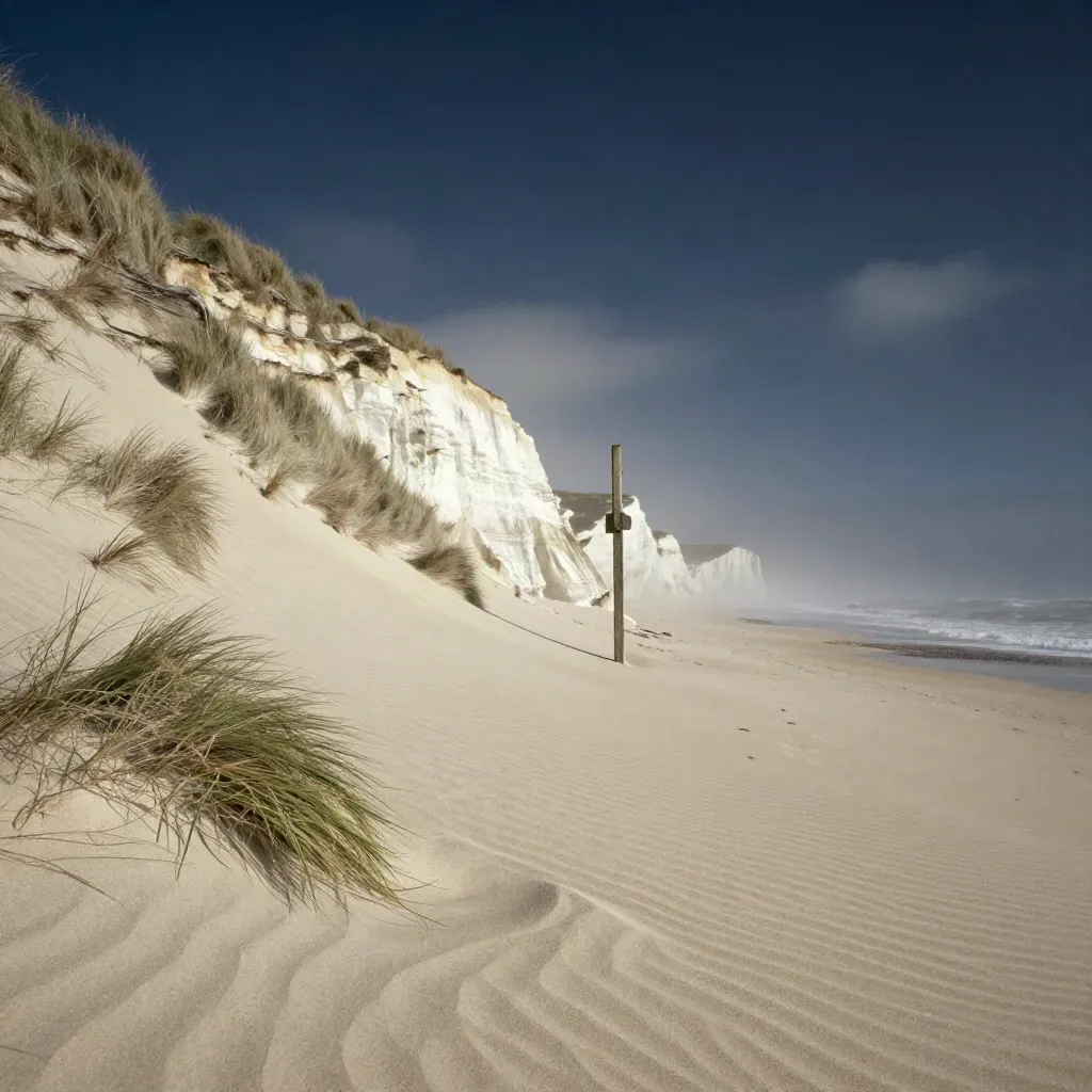 Chalk coast slope with sea grass, pale sand and a calm horizon under thinning cloud.