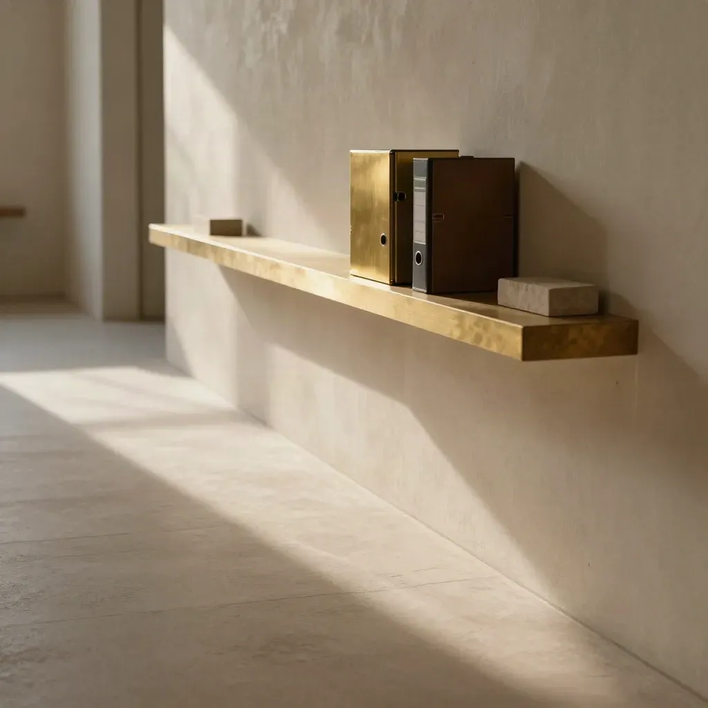 Sunlit corridor with brass portfolio case, closed binders, and long shadow